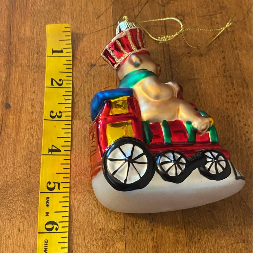 Vtg Lao Mai Christmas Bear Driving Train Glass Ornament